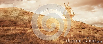 Beautiful panaroma windmill farm landscape. Agriculture concept Stock Photo