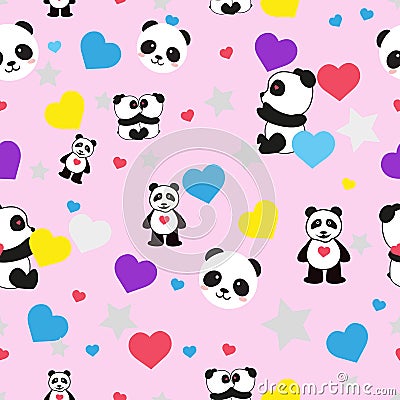 Beautiful pandas seamless pattern on a pink background Vector Illustration