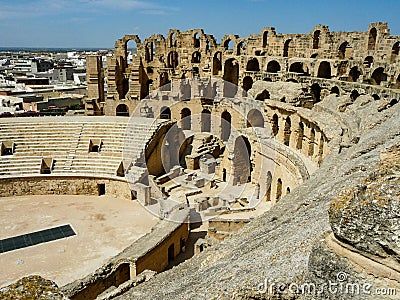 Panorama of ancient Roman amphitheatre in Tunisia Editorial Stock Photo