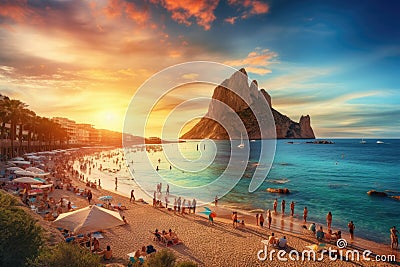 Beautiful panorama of Calpe beach at sunset, Alicante, Spain, Picturesque view of Cala d'Hort tropical Beach, people Stock Photo