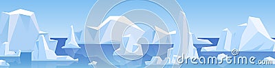 Beautiful panorama with natural arctic glacier and floating iceberg vector flat illustration. Panoramic landscape of Vector Illustration