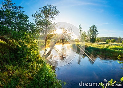 Beautiful panorama of sunshine morning on river Stock Photo