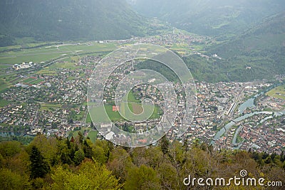Beautiful panorama view of interlaken town and fresh forest from harder kulm Stock Photo