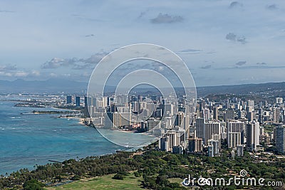 Beautiful panoramic aerial Honolulu and Waikiki beach vista, Oahu Stock Photo