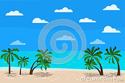 Beautiful panoramic blue sea landscape: calm ocean, palm trees, clouds, sand coastline, Vector illustration of exotic tropical Vector Illustration