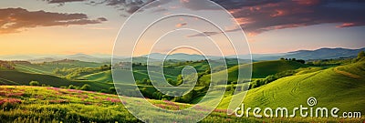 Beautiful panoramic landscape of a green hills with spring flowers - AI Generated Stock Photo