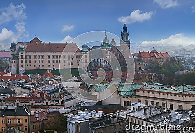 Panoramic cityview of Krakow on Wawel castle and cathedral Stock Photo