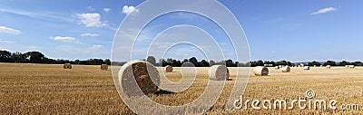Beautiful panoramic view of afield with straw bales and a blue sky with clouds Stock Photo