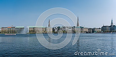 Beautiful panoramic view Alster lake with fountain Stock Photo