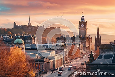 Beautiful panoramic view of Edinburgh city at sunset, Scotland, UK, View of Edinburgh Castle, Balmoral Hotel and Princes Street Stock Photo