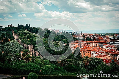 Beautiful panoramic view Florence Firenze, Italian renaissance churches. Summer scenery. Sunny day, blue sky with cumulus clouds. Stock Photo