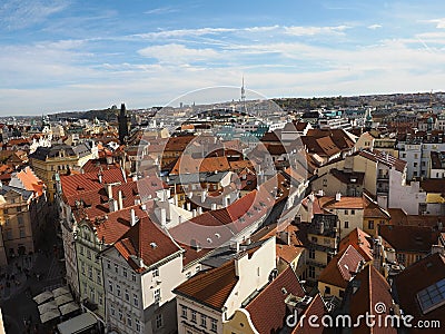 A beautiful panoramic view of the hundredths towers of Prague from the Astronomical Clock Stock Photo