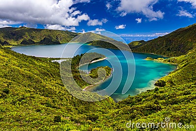 Beautiful panoramic view of Lagoa do Fogo lake in Sao Miguel Island, Azores, Portugal. \