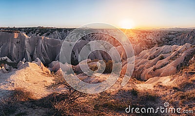 Beautiful panoramic view of Red Valley, Cappadocia, Turkey on sunset. natiral background Stock Photo