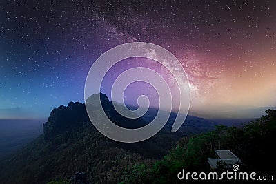 Beautiful panoramic view universe space of colorful milky way galaxy with mountain, Space background with stars on a night sky, Stock Photo