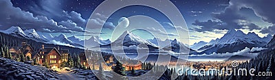 Beautiful panoramic view of a village in the mountains at night. Generative AI Stock Photo