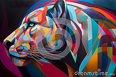 A beautiful panther, modern artwork, abstract colorful painting with geometric shapes. Hand drawn digital painting. Generative AI Stock Photo