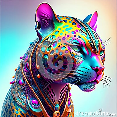 beautiful panther portrait on colorful background. 3d rendering illustration Generative AI Cartoon Illustration