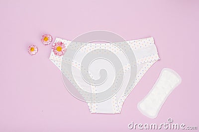 Beautiful women`s panties with a sanitary napkin on lilac background Stock Photo
