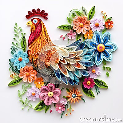 Beautiful papercut quilling paper filigree chicken colorful flowers Generative AI Stock Photo