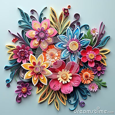 Beautiful papercut quilling paper filigree colorful flowers Generative AI Stock Photo