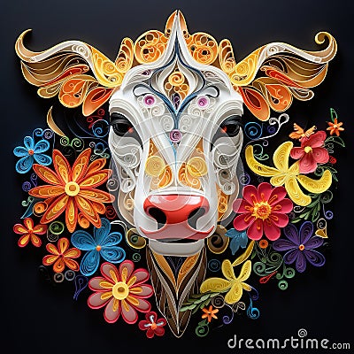 Beautiful papercut quilling paper filigree Cow colorful flowers Generative AI Stock Photo