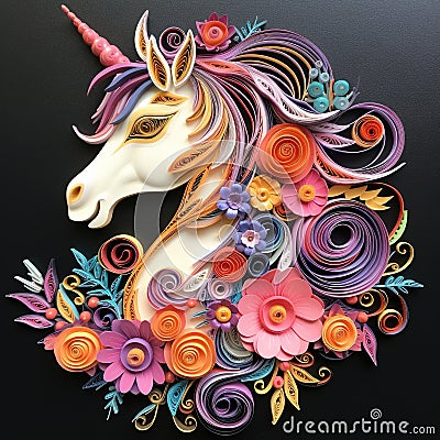 Beautiful papercut quilling paper filigree unicorn colorful flowers Generative AI Stock Photo