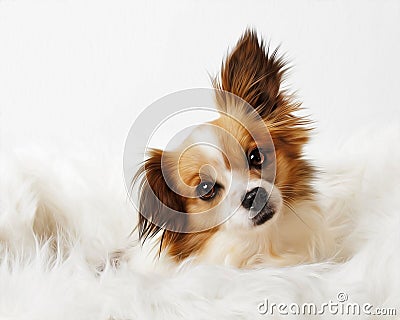 Beautiful Papillon Chihuahua Dog on white fur isolated Stock Photo