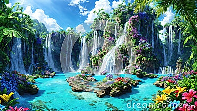 A beautiful paradise land full of flowers, rivers and waterfalls, a blooming and magical idyllic Eden garden Cartoon Illustration