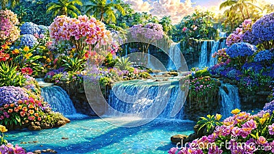 A beautiful paradise land full of flowers, rivers and waterfalls, a blooming and magical idyllic Eden garden Cartoon Illustration