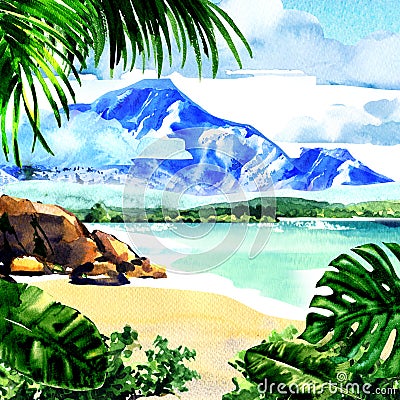 Beautiful paradise tropical island with green plants, tropical sandy beach, ocean, palm trees, rocks against mountain Cartoon Illustration