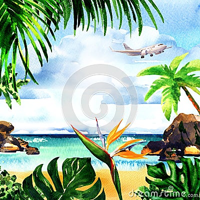 Beautiful paradise tropical island with sandy beach, palm trees, rocks, flying airplane on sky, summer time, vacation Cartoon Illustration