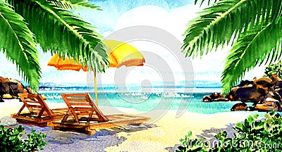 Beautiful paradise tropical island with sandy beach, palms, sea, ocean, chairs, deckchairs, umbrella. Holiday, relax Cartoon Illustration