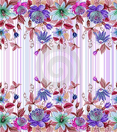 Beautiful passion flowers passiflora with green leaves on striped background. Seamless floral pattern. Watercolor painting. Cartoon Illustration