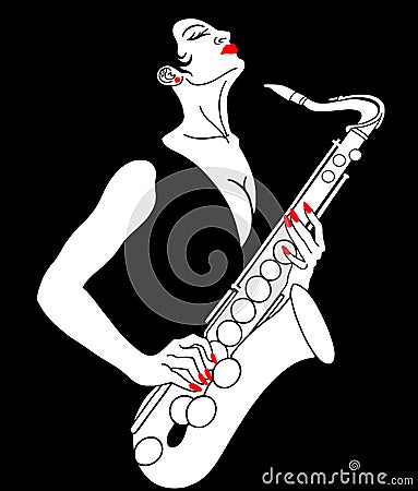 A beautiful, passionate woman plays the saxophone. Stock Photo