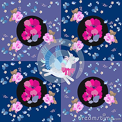 Beautiful patchwork pattern with flying unicorn, bouquets of poppy flowers, pink roses, blue butterflies and little birds Vector Illustration