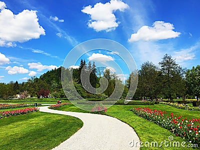 a beautiful path among the flowers in the spring park, tulips and blue sky Stock Photo