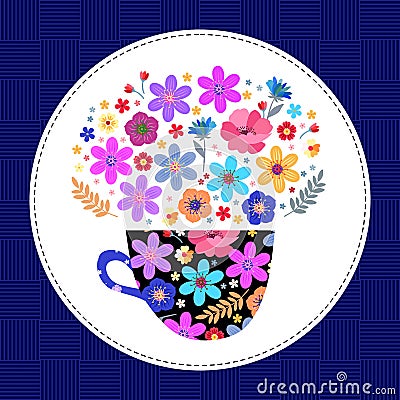 Beautiful pattern for card with cup of tea and flowers. Teatime. Colorful vector illustration Vector Illustration