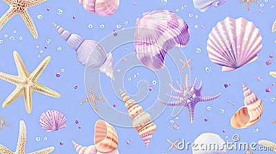 A beautiful pattern of glittery starfish and shells on a blue background, in pastel purple, pink, and silver colors Stock Photo
