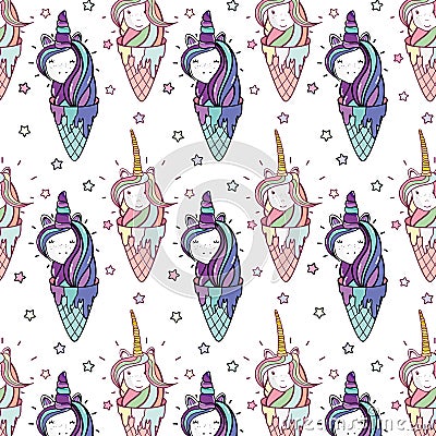 Beautiful pattern head and ice cream unicorn with long mane Vector Illustration