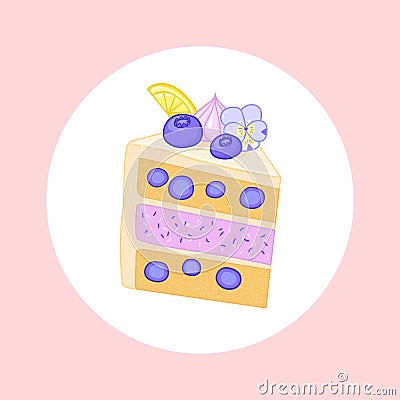 Beautiful peace of cake decorated with blueberry, pansy flowers and meringue. Vector illustration for bakery or cafe. Vector Illustration