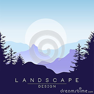 Beautiful peaceful mountains landscape at sunset, nature background for banner, flyer, poster and cover, vector Vector Illustration