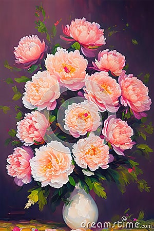 Beautiful peach pink peony flowers painting Stock Photo