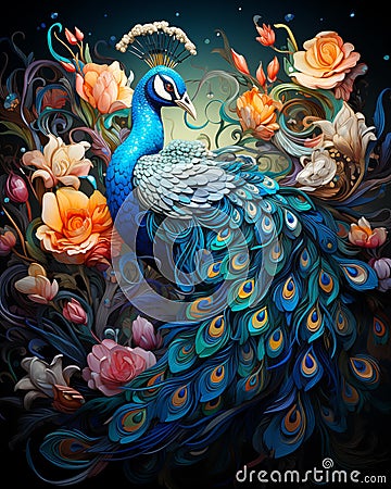 Beautiful peacock on the background of flowers. Stock Photo