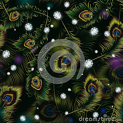 Beautiful peacock feathers and diamonds seamless pattern Stock Photo