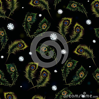 Beautiful peacock feathers and diamonds seamless pattern Stock Photo