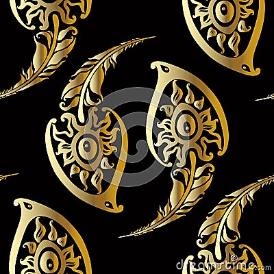 Beautiful peacock feathers. Gold pattern. Vector Illustration