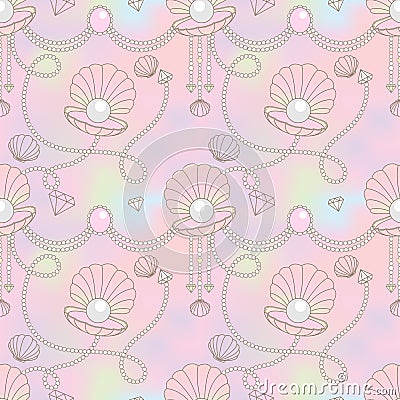 Beautiful pearl shell seamless pattern in rainbow background. Vector Illustration
