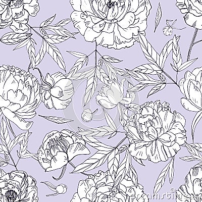 Beautiful peonies seamless pattern. Blossom flowers, buds and leaves. Black and white vector illustration. Vector Illustration