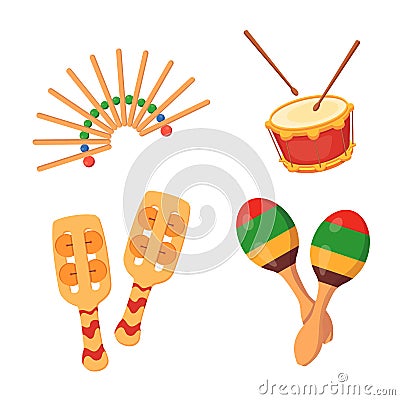 Beautiful percussion-noise musical instruments: rattles, drum, maracas, with decorative ornaments. Vector Illustration